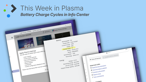 Composite image showing 3 screenshots of the Plasma desktop: the logins screen configuration page from System Settings, The battery charge cycles screen, and package metainfo in Discover.